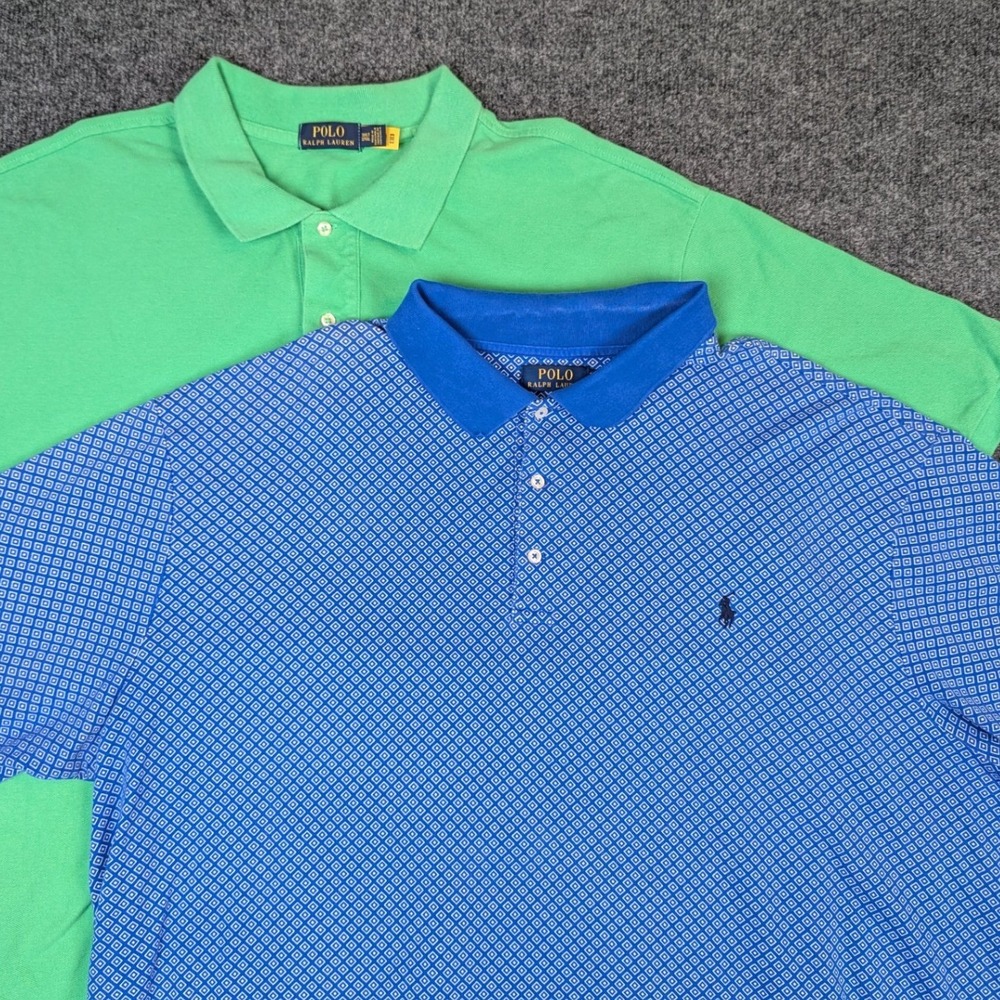 Lot of 2 Polo Ralph Lauren Mens 3XLT Polo Shirts Green Solid Blue Geometric
